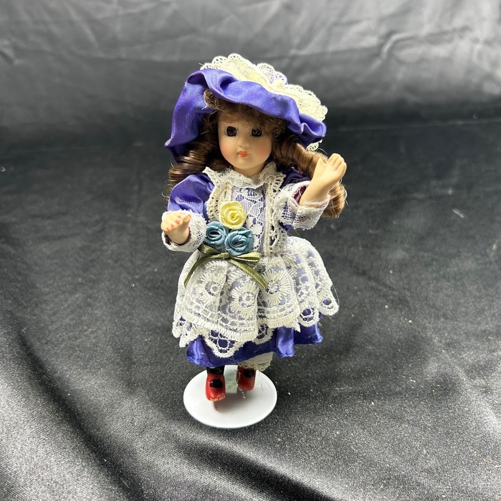 Vintage Miniature Porcelain Doll Purple Victorian Lace Dress Bonnet Stand 6 inch